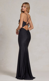 Notched V-Neck Beaded Long Formal Gown - PromGirl