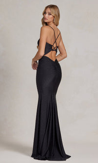 Beaded Sleek Long Formal Gown with Notched V-Neck