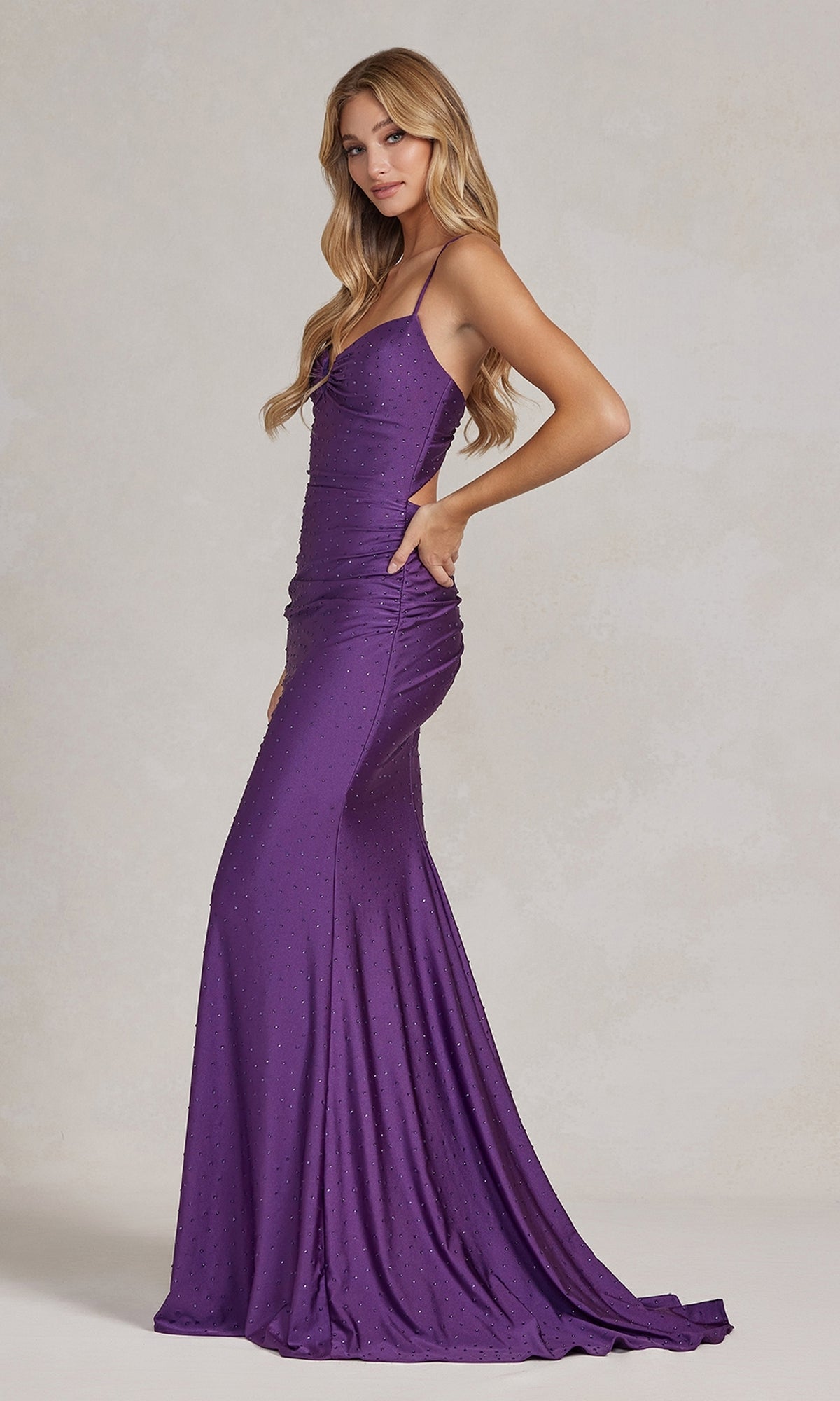 Beaded Sleek Long Formal Gown with Notched V-Neck