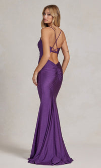 Beaded Sleek Long Formal Gown with Notched V-Neck