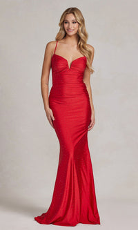 Beaded Sleek Long Formal Gown with Notched V-Neck