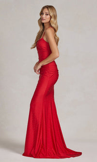 Beaded Sleek Long Formal Gown with Notched V-Neck