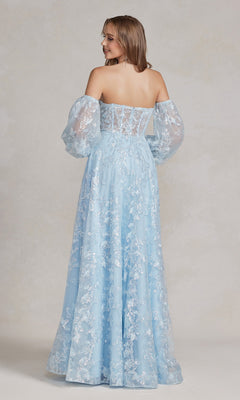 Woman wearing the Long Puff-Sleeve Prom Dress with Sheer Bodice in light blue lace, featuring off-shoulder design and removable sheer puff sleeves—shown from the back against a neutral background for an elegant, versatile look.