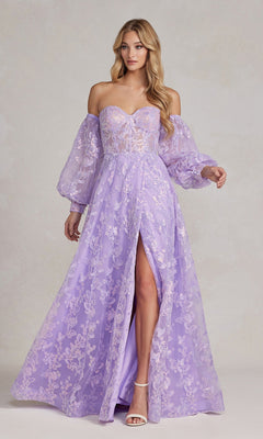A woman models the Long Puff-Sleeve Prom Dress with a sheer bodice, removable long sleeves, floral lace details, and a front slit, standing against a neutral background.