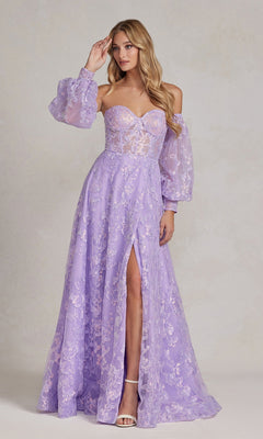 A woman stands against a light neutral background wearing the Long Puff-Sleeve Prom Dress with Sheer Bodice, featuring removable sheer long sleeves, lace accents, and a thigh-high slit in elegant lavender.