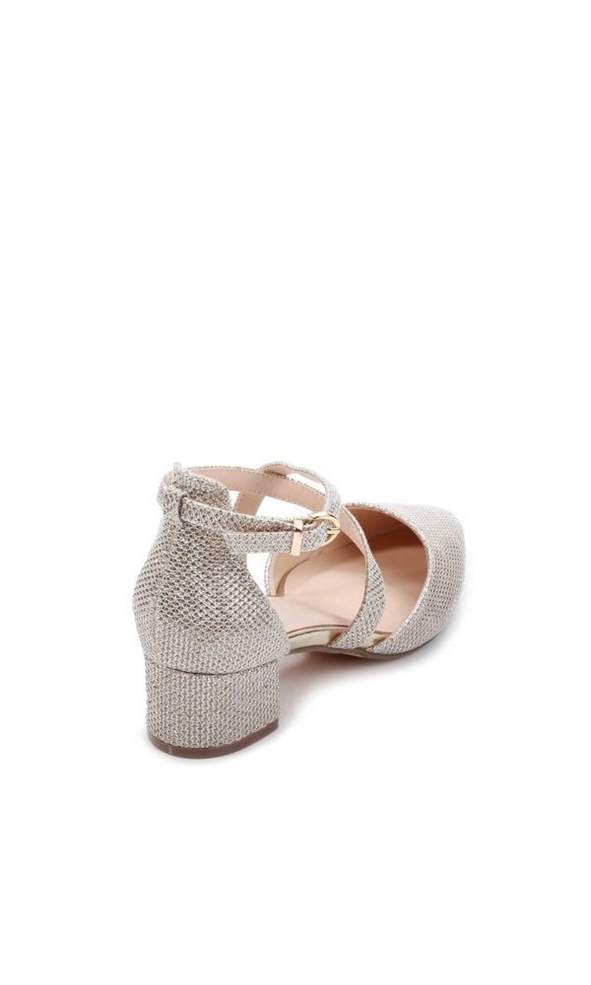 A single Francis Champagne Closed Toe Low Heel Prom Shoe (P2227) by Paradox London for women, featuring a block heel and ankle strap, is shown from the back on a white background.