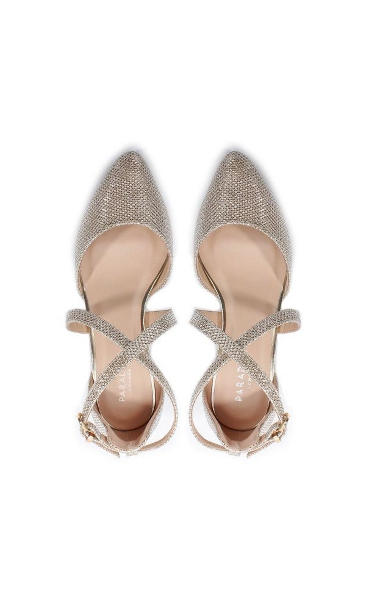 A pair of Francis Champagne Closed Toe Low Heel Prom Shoes P2227 by Paradox London, featuring pointed toes, glittery finish, ankle straps, and low block heels, viewed from above.