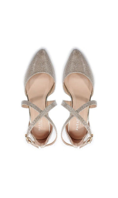 A pair of Francis Champagne Closed Toe Low Heel Prom Shoes P2227 by Paradox London, featuring pointed toes, glittery finish, ankle straps, and low block heels, viewed from above.