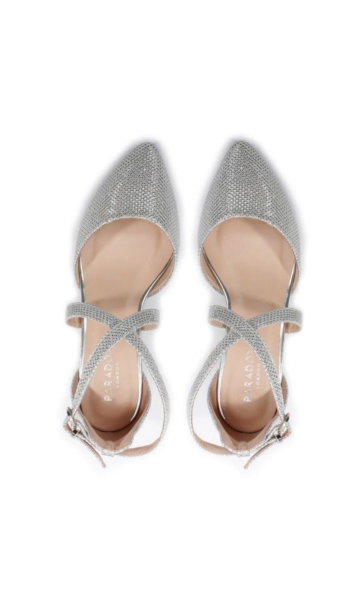 The Francis Silver P2228 Silver Closed-Toe Prom Shoes feature a silver finish, pointed toes, low heels, and ankle straps, shown from above on a white background.