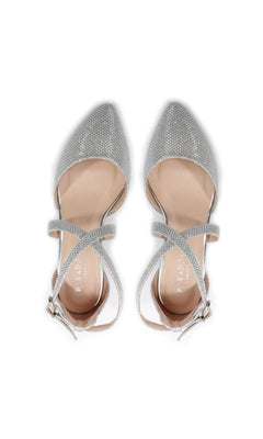 The Francis Silver P2228 Silver Closed-Toe Prom Shoes feature a silver finish, pointed toes, low heels, and ankle straps, shown from above on a white background.