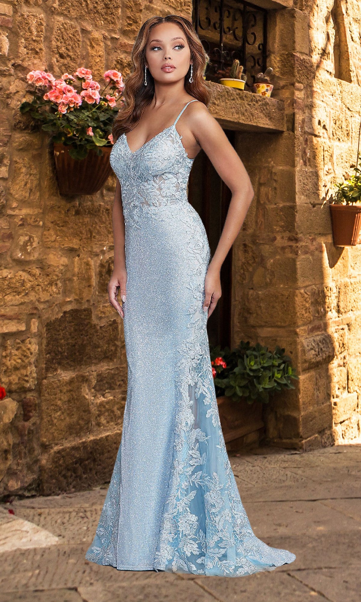 Sheer-Bodice Long Lace-Back Prom Dress - PromGirl