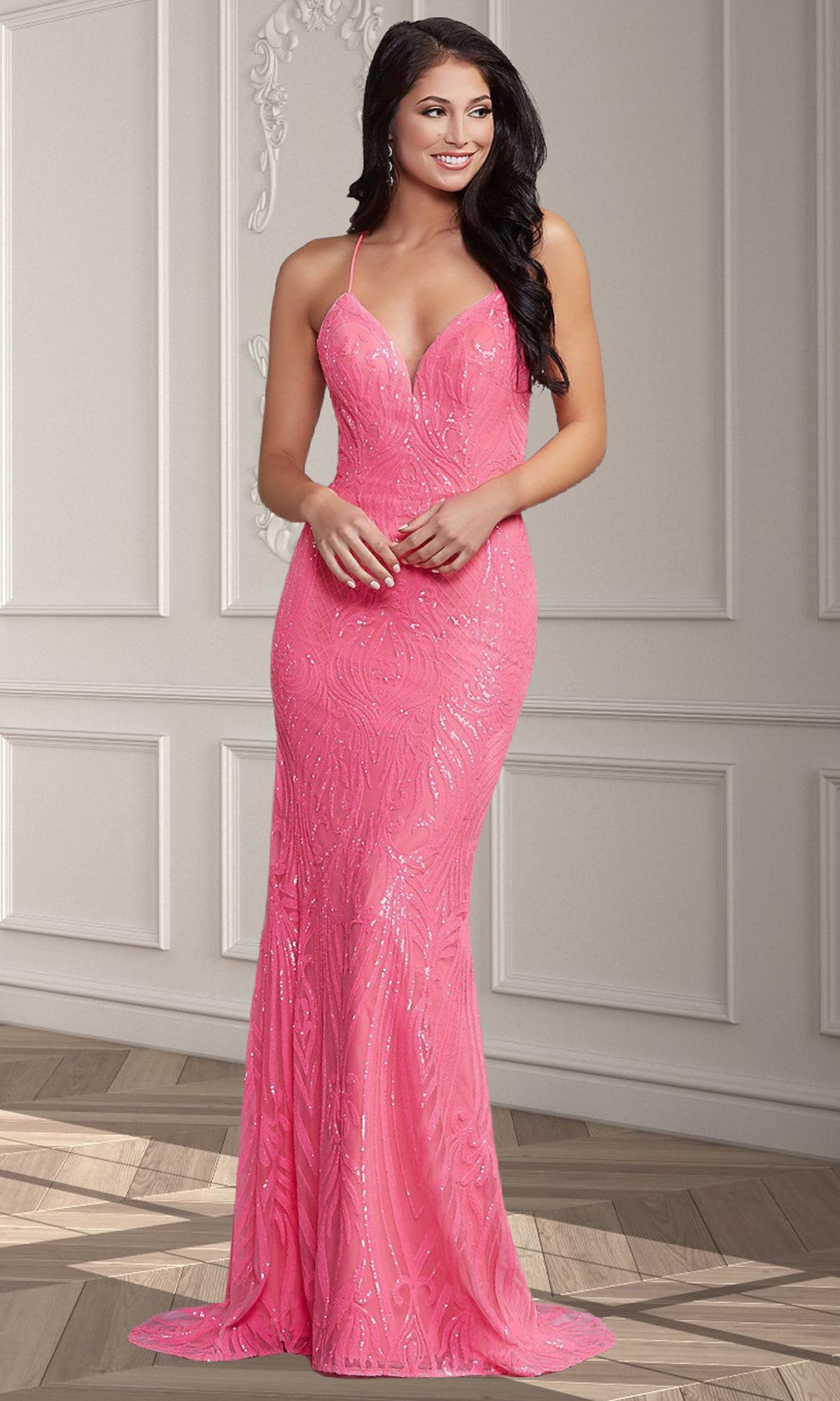 PromGirl Long Shimmer Prom Dress with Strappy Back