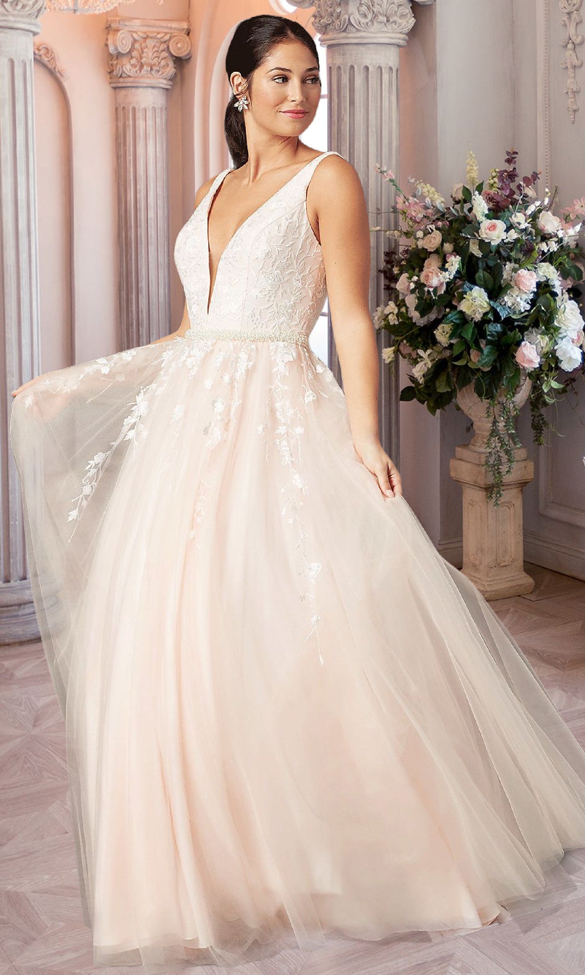 Long Deep-V-Neck Prom Ball Gown by PromGirl