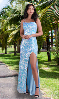 PromGirl Backless Long Blue Sequin Prom Dress