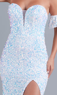 PromGirl White Sequin Prom Dress with Puff Sleeves