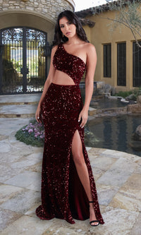 PromGirl Side Cut-Out Dark Red Sequin Prom Dress