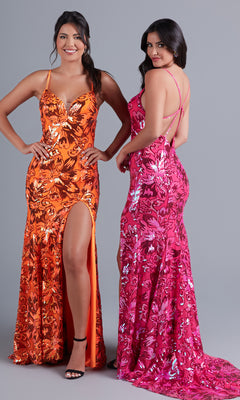 Two women pose against a gray backdrop—one in a bright orange sequin formal dress with a thigh-high slit, the other in the Long Bright Sequin Unique Prom Dress RX5024, a pink sequin gown with a low back.