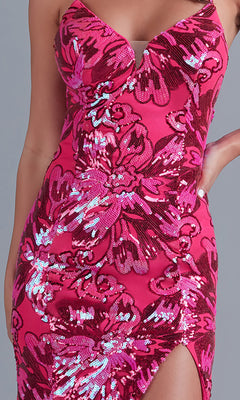 Woman in the Long Bright Sequin Unique Prom Dress RX5024—sleeveless, form-fitting, with a pink floral sequin design and thigh-high slit—ideal for any formal event.