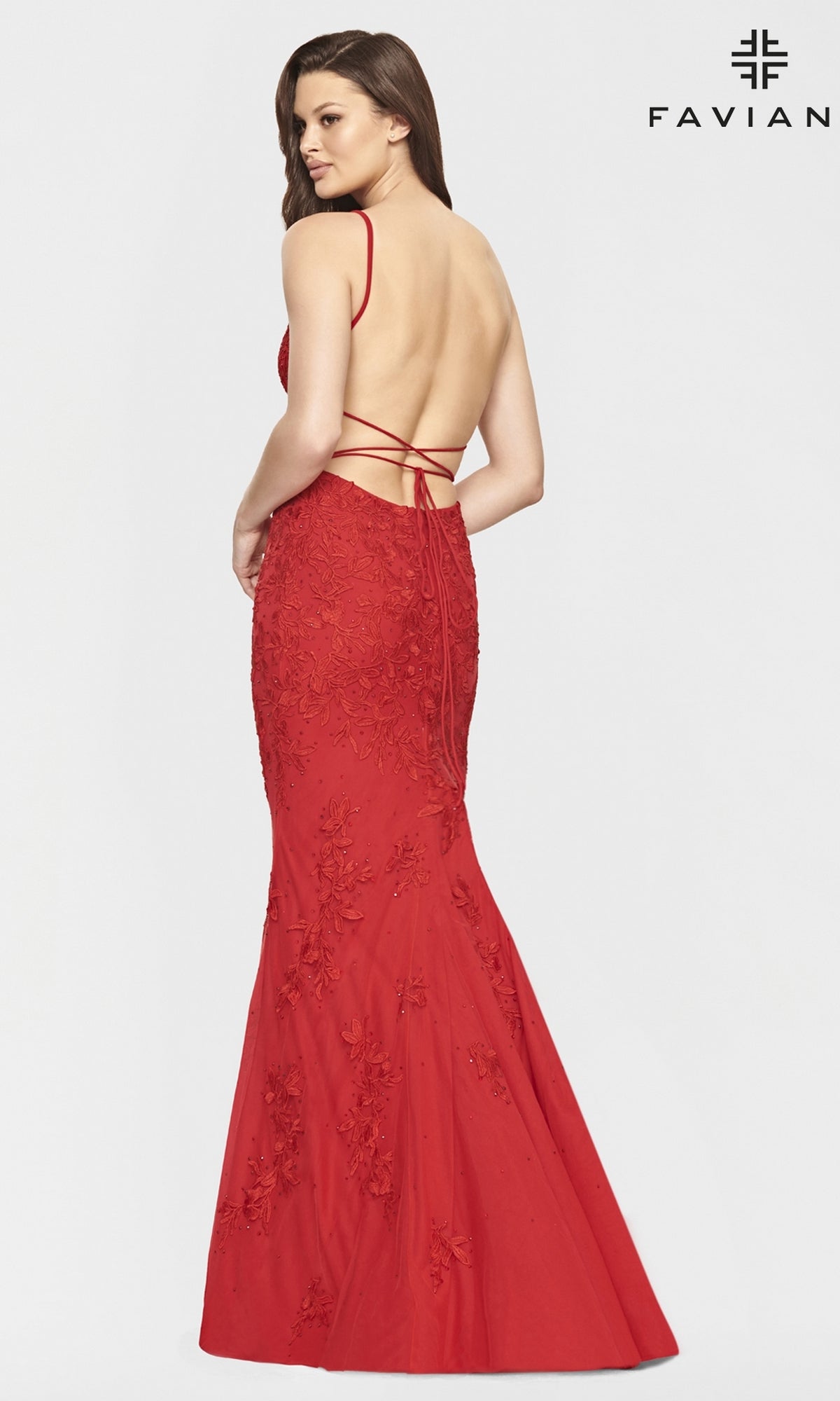 Faviana Lace Embroidery Long Backless Prom Dress