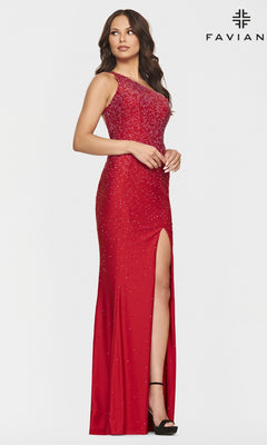 A woman poses against a plain backdrop with the Faviana logo, wearing the Faviana Beaded One-Shoulder Long Pink Prom Dress featuring sparkling beadwork and a thigh-high slit.
