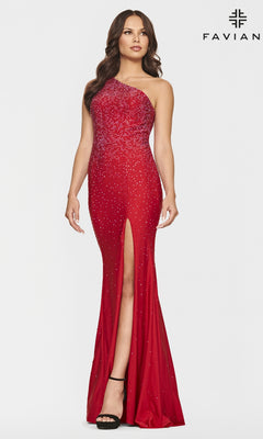Woman wearing the Faviana Beaded One-Shoulder Long Pink Prom Dress featuring sparkly embellishments, a fitted silhouette, thigh-high slit, and black heels. The look exudes timeless glamour. Brand logo appears in top right corner.