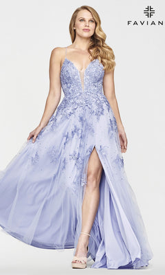 A woman poses against a plain background in the Faviana Embroidered A-Line Long Prom Dress, featuring 3D floral embroidery, a lavender hue, deep V-neckline, spaghetti straps, and a thigh-high slit.