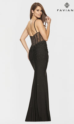 A woman models the Sheer-Back Faviana Long Beaded Prom Dress—fitted, black, with thin straps, sheer back, and scattered embellishments. The Faviana brand logo appears in the top right corner.