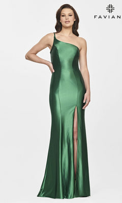 A woman poses against a white background in the Satin Faviana One-Shoulder Long Prom Dress S10811—an elegant, emerald green gown with a thigh-high slit. The "FAVIAN" logo appears in the top right corner.