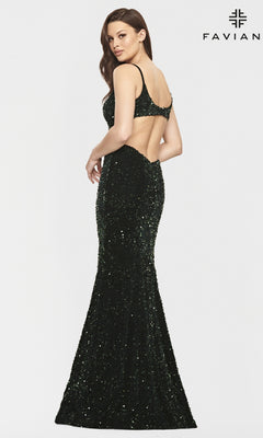 A woman wearing the Faviana Dark Green Long Sequin Prom Dress, which is fitted, floor-length, and features an open back, looks over her shoulder. The brand name "Faviana" appears in the top right corner.