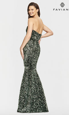 A woman smiles at the camera with her back slightly turned, wearing the Faviana Strapless Sweetheart Long Sequin Prom Gown in dark green; floor-length and sparkling. FAVIAN logo appears in the upper right corner.