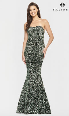 A woman wears the Faviana Strapless Sweetheart Long Sequin Prom Gown in dark green, standing against a plain background with the Faviana logo in the corner.