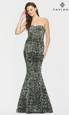 A woman models the Faviana Strapless Sweetheart Long Sequin Prom Gown in dark green, posing against a light background beside the Faviana logo.
