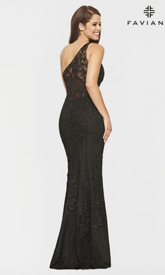 Woman wearing a One-Shoulder Faviana Long Lace Formal Dress in black, featuring lace details and an asymmetrical neckline, stands smiling and is seen from the back.