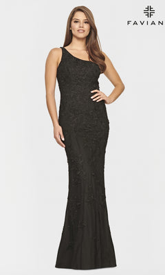 Woman wearing a one-shoulder Faviana long lace formal dress, standing against a plain background with the Faviana logo in the top right corner.
