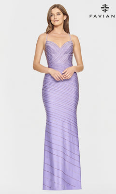 A woman models the Backless Beaded Stretch Formal Dress by Faviana—fitted, floor-length, lavender with thin straps, diagonal bead patterns, and open back—against a plain white background featuring the Faviana logo.