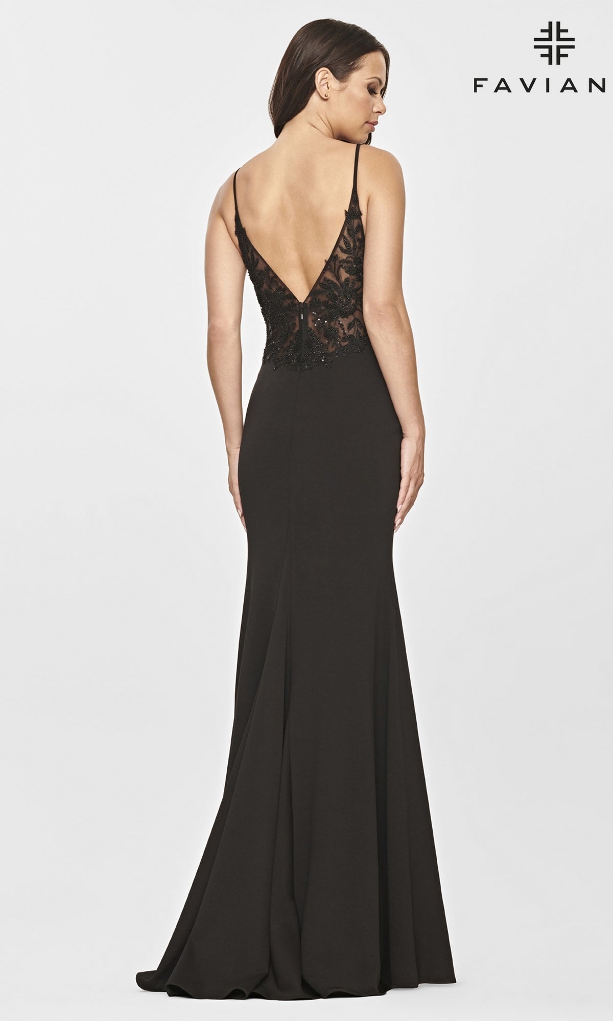 Sheer-Back Faviana Long Black Prom Dress
