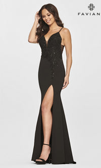 Sheer-Back Faviana Long Black Prom Dress
