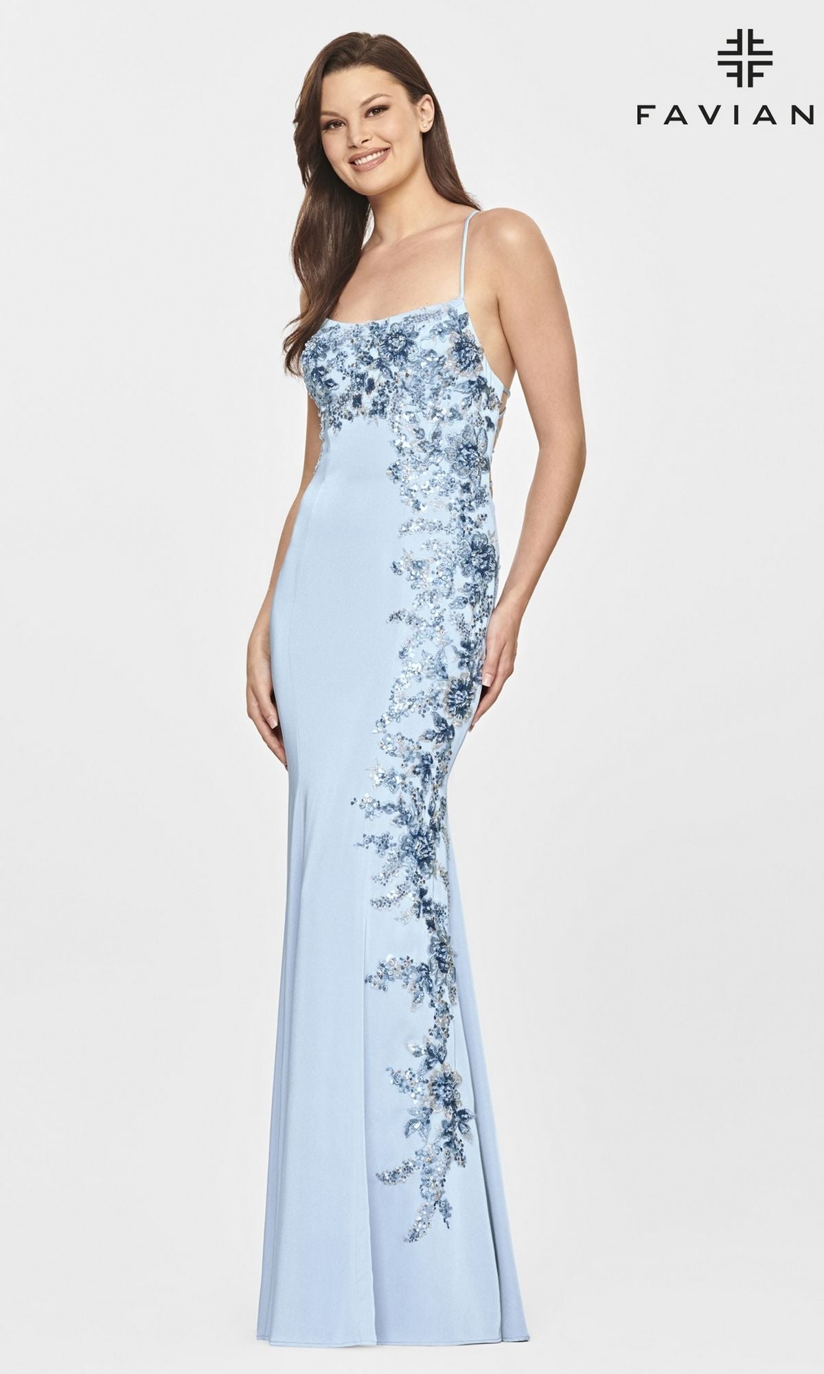 Faviana Open-Back Long Tight Prom Dress with Lace