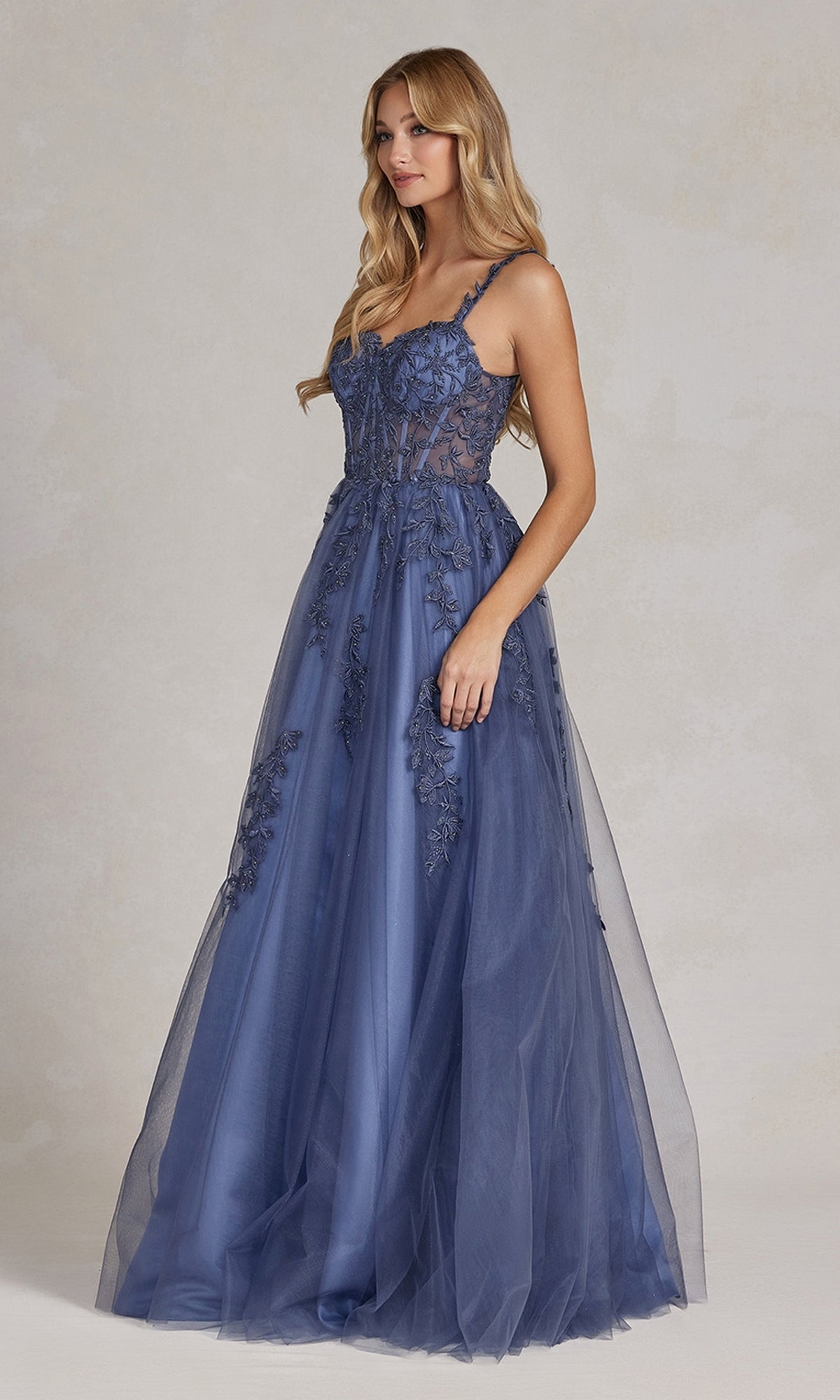 Sheer-Corset Steel Gray Ball Gown