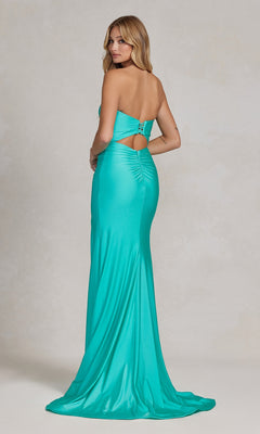A woman wearing the Tight Long Sweetheart Strapless Formal Dress T1139 in turquoise satin with a back cutout and floor-length train stands against a neutral background.