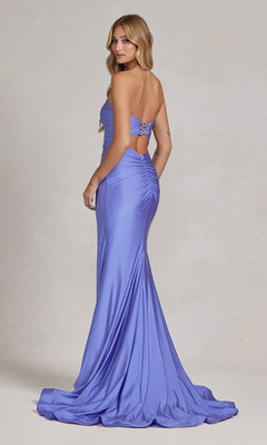 A woman in the Tight Long Sweetheart Strapless Formal Dress T1139, featuring a lavender hue, slight train, and side cutout detail, stands facing slightly backward.
