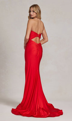 Woman in the Tight Long Sweetheart Strapless Formal Dress T1139, red with a cutout back and ruched details, stands looking over her shoulder.
