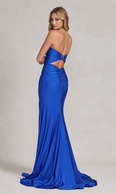A woman wears the Tight Long Sweetheart Strapless Formal Dress T1139 in royal blue, with a small back cutout and gathered fabric, standing against a plain light background.