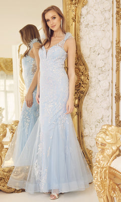 Long Glitter Mermaid Prom Dress with Feather Straps Blue / 0