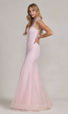 A woman in a fitted light pink Feather-Strap Long Prom Dress (Nox Anabel T1208) with lace, sequin, and glitter mermaid details stands in profile against a neutral background.