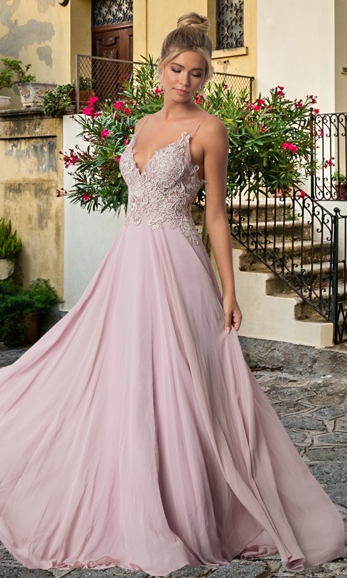 Long V-Neck Open-Back Chiffon Prom Dress by PromGirl