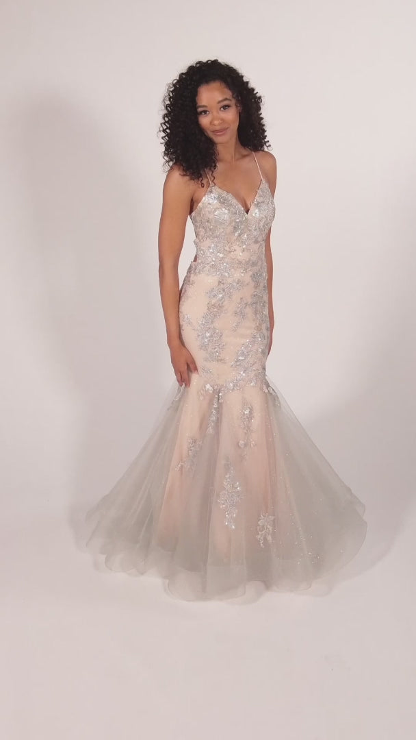 Colette Long Silver Lace and Nude Prom Dress -PromGirl