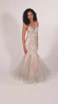 Colette Silver Lace Long Nude Mermaid Prom Dress