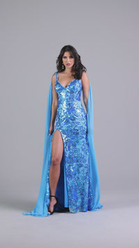 PromGirl Long Sequin Prom Dress with Capes