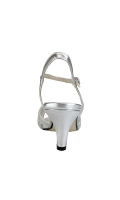 Rear view of the Amara Silver Stiletto Prom Shoes (Touch Ups 4483), featuring a low heel, open toe, and ankle strap, photographed against a white background.